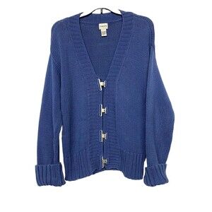 Chico's Size 1 Medium Blue Cardigan Sweater with Silver Metal Toggle Closure VTG